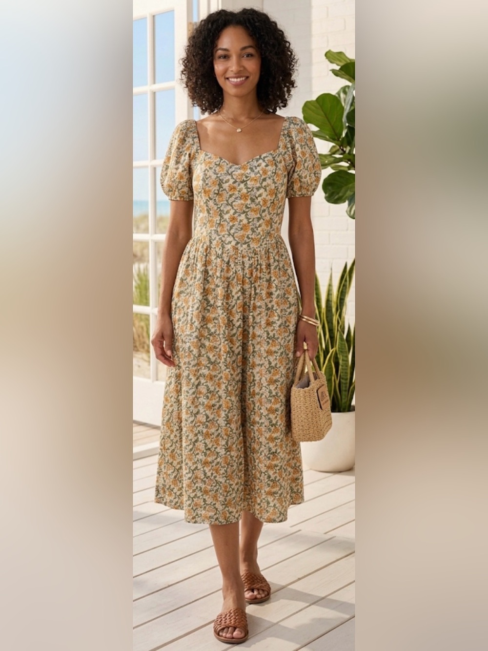 DRA Los Angeles Floral Puff-Sleeve Midi Dress in Cream and Mustard